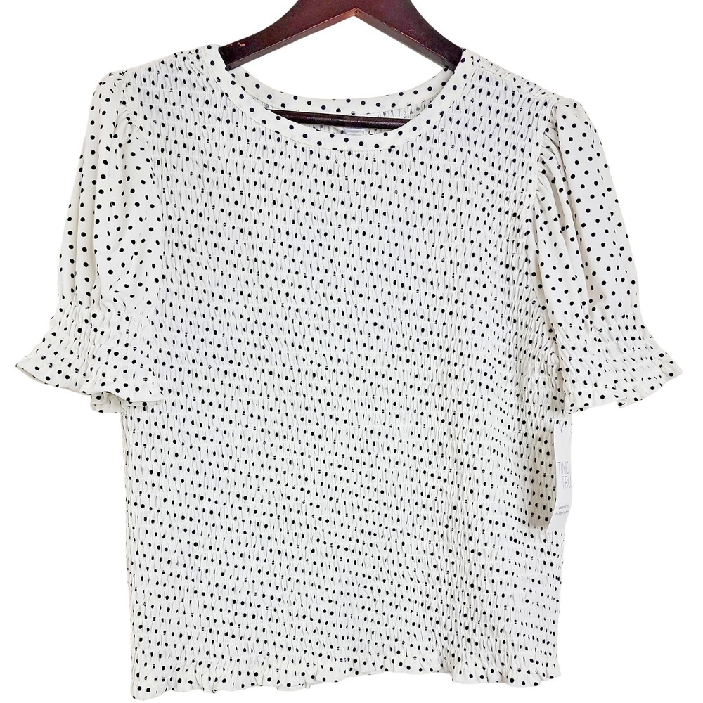 Time and Tru Womens XL 16-18 White Black Polka Dot Shirred Puff Sleeve Top NWT
